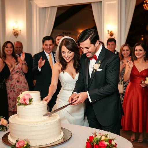 Les mariés coupant le gâteau de mariage sous les applaudissements
